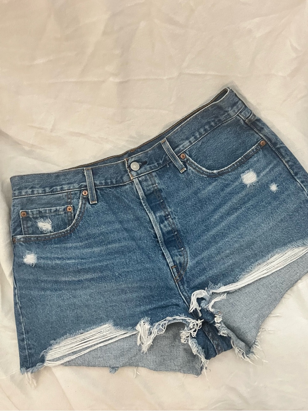 High-Rise Distressed Denim Shorts 34”W